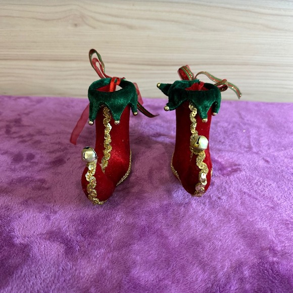 Other - Christmas Elf Boot Ornaments Red Green Jingle Bells Sequins Set of 2